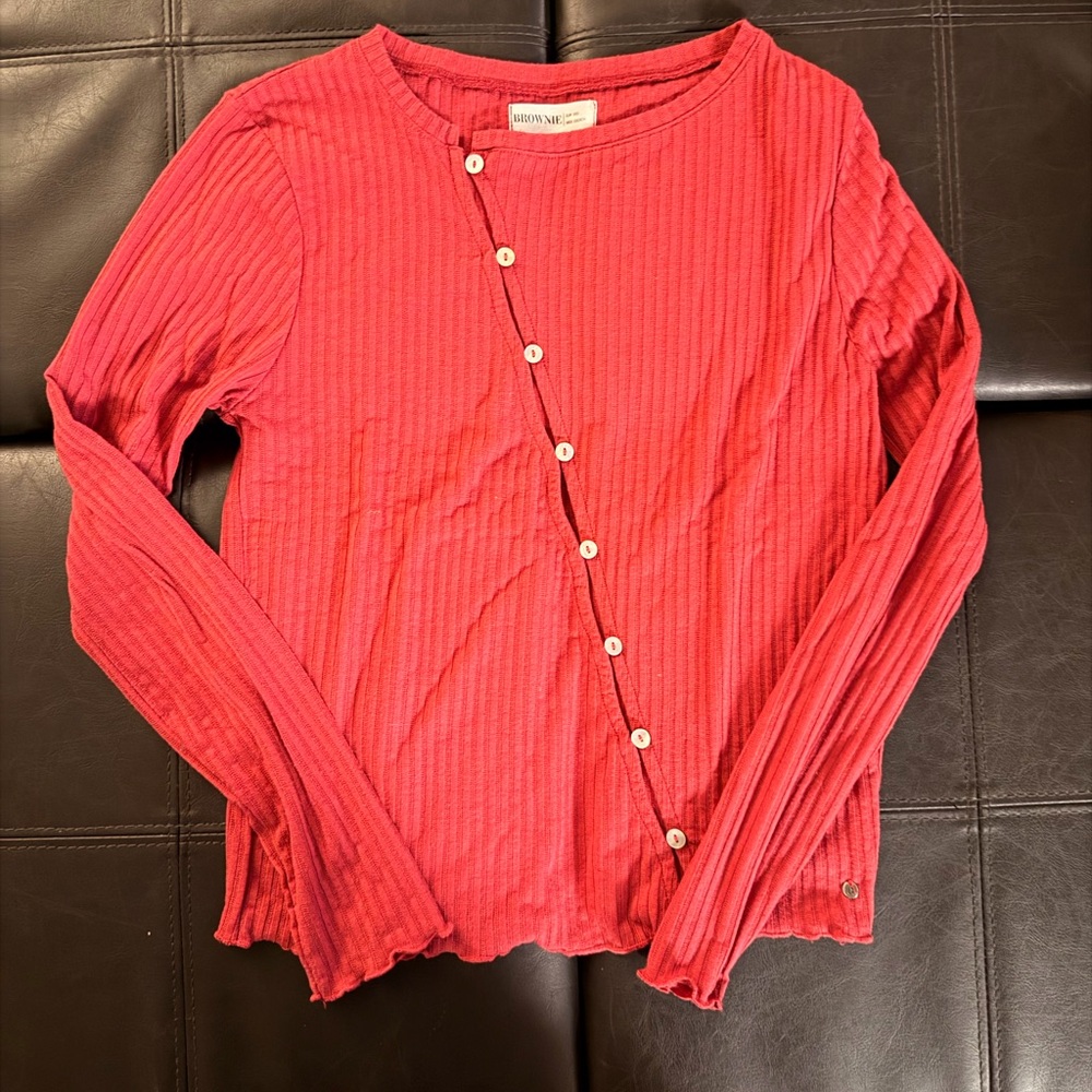 Women's Red Ribbed Button-Down Shirt